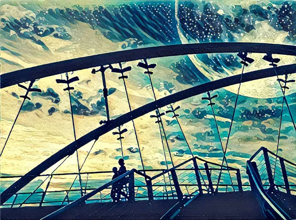 幻想的な風景イラストアートワーク 空の巨大な月の下で橋の上を歩く2人のシルエット — ストック写真