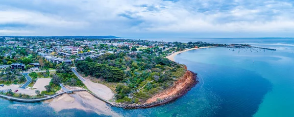 Szeroka Panorama Powietrzna Pięknego Wybrzeża Molo Półwyspu Mornington — Zdjęcie stockowe