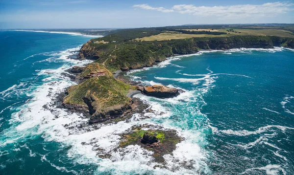 พาโนรามาทางอากาศของเคปชานค ชายฝ งประภาคารและ Pulpit Rock คาบสม ทรมอร คตอเร ออสเตรเล — ภาพถ่ายสต็อก