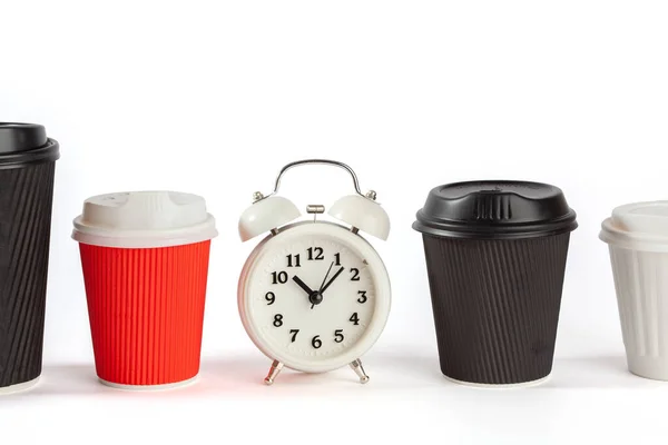 Concepto Hora Del Café Con Reloj Despertador Vintage Tazas Café —  Fotos de Stock