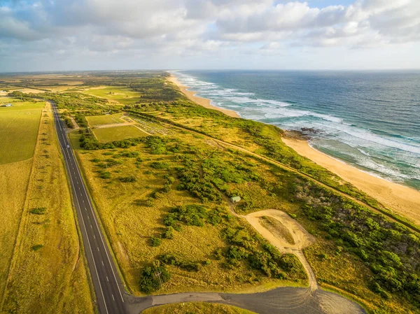 Aerial View Ocean Coastline Straight Rural Highway Australia — Stock Photo, Image