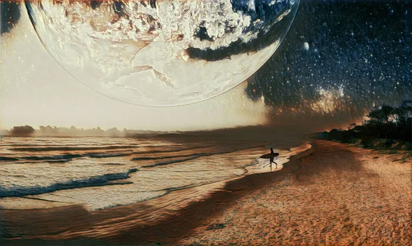 Fantasy Landscape Surfer Silhouette Walking Beach Alien Planet Digital Artwork — Stock Photo, Image