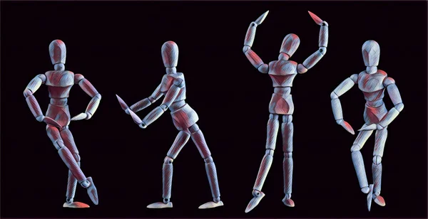 一套木制人物画舞蹈家数码艺术作品 — 图库照片