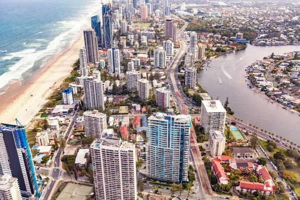 Aerial View Luxury Apartment Buildings Gold Coast Ocean Nerang River — Stock Photo, Image