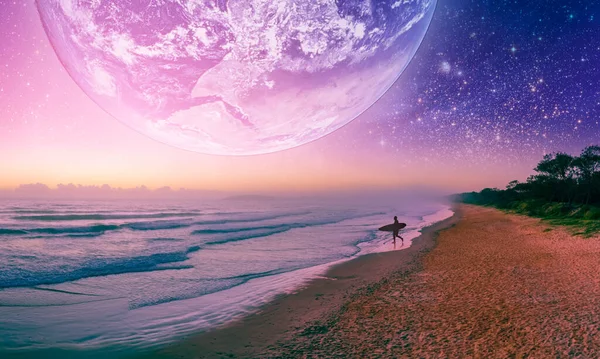 Fantasy Landscape Surfer Silhouette Walking Beach Alien Planet Elements Image — Stock Photo, Image