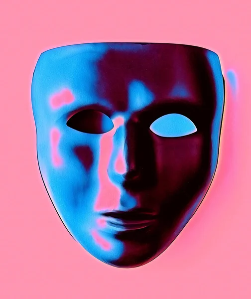 Black mask on in vivid pink light digital artwork. Depression and pain concept.