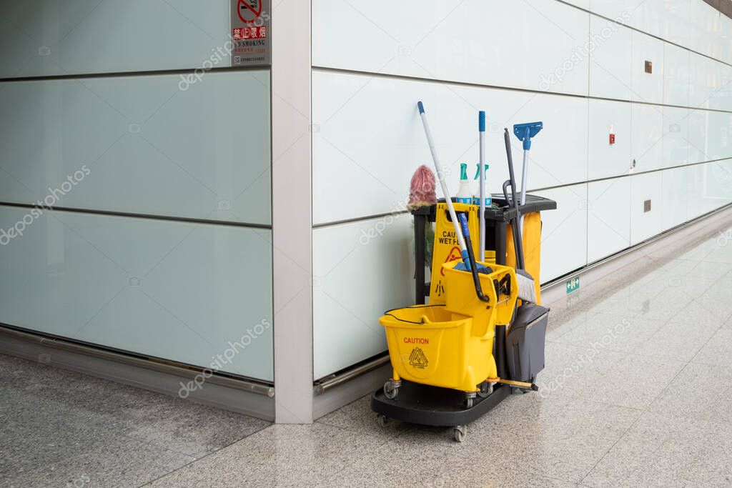 Cleaning equipment trolley at Beijing International Airport in China