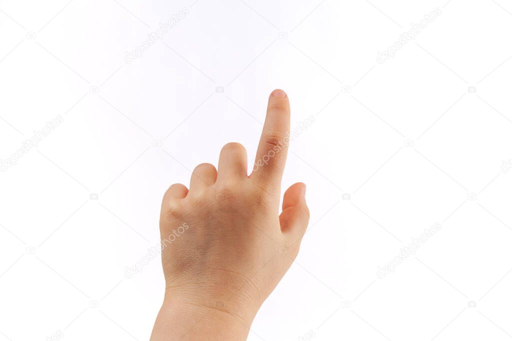 Child's left hand tapping with index finger isolated on white background