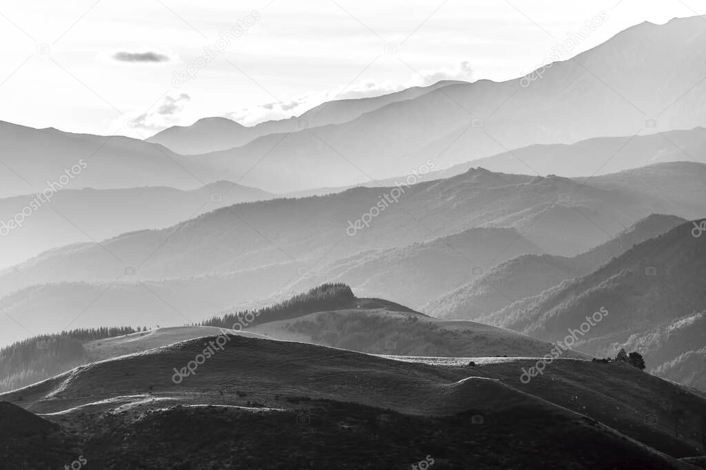 Hills of Canterbury near Hanmer Springs in black and white, South Island, New Zealand