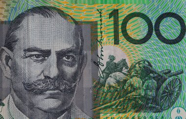 Sir John Monash 'ın Avustralya' da basılmış yüz dolarlık banknotunun aşırı kapanışı.