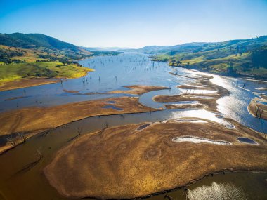 Victoria Avustralya 'daki Hume Gölü' nde büyüyen çıplak ağaçların hava manzarası.