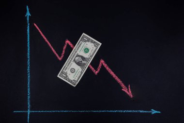Para birimi ön trendleri kavramı - aşağı doğru eğilim, karatahtaya tebeşirle çizilmiş çizgi grafiği ve kopyalanmış bir dolar banknotuyla gösterilir