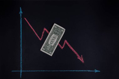 Para birimi ön trendleri kavramı - aşağı doğru eğilim, karatahtaya tebeşirle çizilmiş çizgi grafiği ve kopyalanmış bir dolar banknotuyla gösterilir