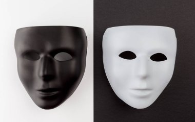 Siyah maske beyaz maske siyah maske. Kimlik değiştirme kavramı.