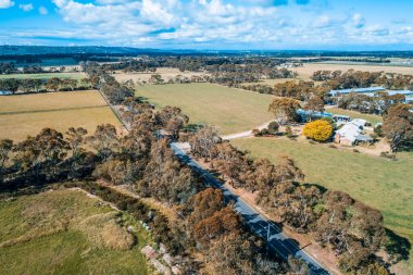 Avustralya 'da güneşli bir günde çayırların ve otlakların arasından geçen yol.