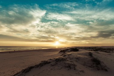 İnsanlar gün batımında sahilde siluetler. Anna Körfezi, Yeni Güney Galler, Avustralya