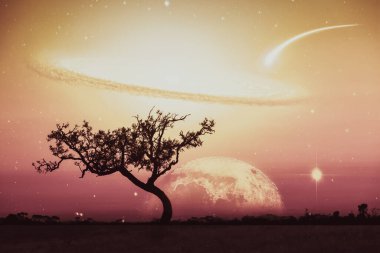 Gezegeni ve galaksisi parlak turuncu gökyüzünde görünen yalnız ağaç siluetinin gerçek dışı manzarası. Bu görüntünün elementleri NASA tarafından döşenmiştir.
