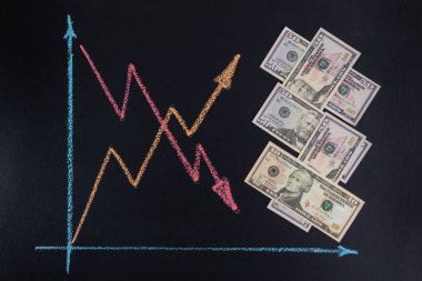 ABD doları döviz kurları eğilimleri kavramı - tahtaya tebeşirle çizilmiş oklarla çizilmiş çizgi grafiği ve kağıt para banknotlarının düzenlenmesi