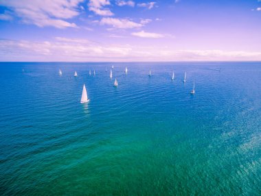 Parlak güneşli bir günde okyanusta bir çok yelkenlinin hava manzarası