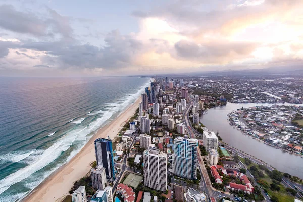 Bird Eye View Gold Coast City Skyline Ocean Sunset — Stock Photo, Image