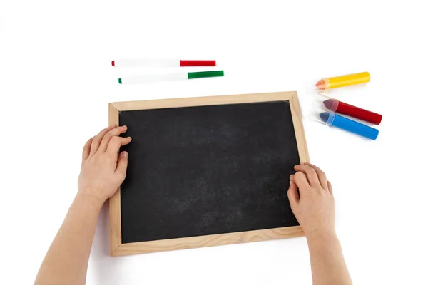 Top View Child Hands Empty Chalkboard Colorful Markers Laying Isolated — Stock Photo, Image