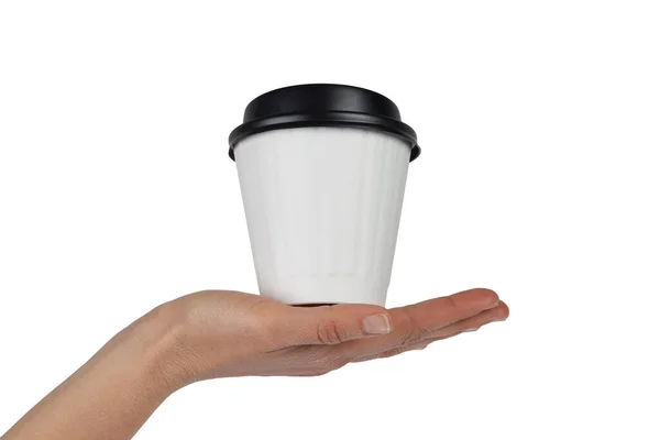 手握白色即弃咖啡杯的女性手 手掌与白色隔离 有复制空间 — 图库照片