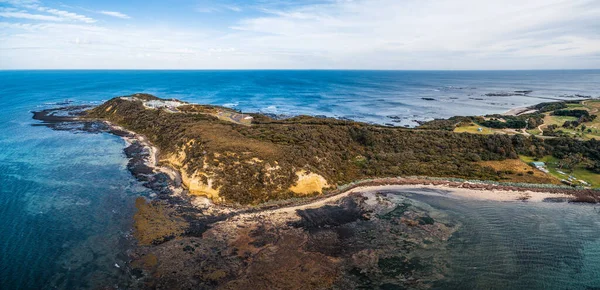 Aerial Panorama Rocky Outcrop Extending Shallow Ocean Water Flinders Victoria — Stock Photo, Image