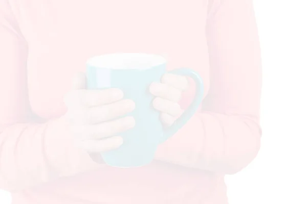 Női Kéz Kezében Egy Nagy Csésze Elszigetelt Fehér Fénymásolási Hely — Stock Fotó