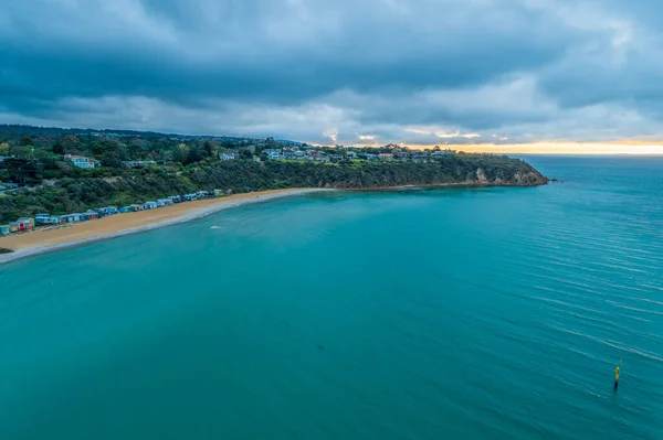 Luchtfoto Van Mount Martha Strand Met Badkistjes Bij Zonsondergang — Stockfoto