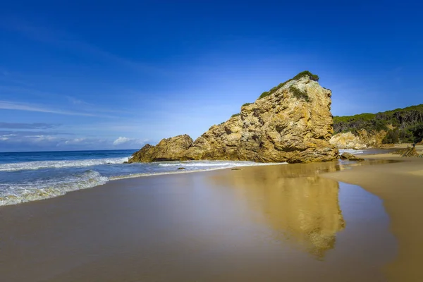 Bela Formação Rochosa Lembrando Leão Refletindo Água Praia Oceano Arenoso — Fotografia de Stock