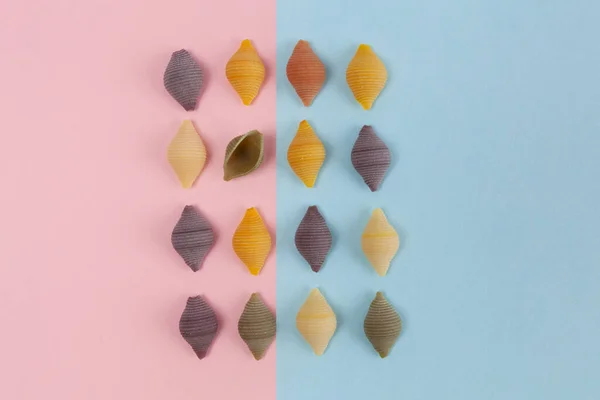 Concept of being different depicted with pasta shells on divided pink-blue background