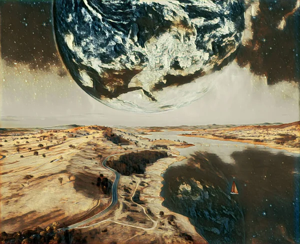 エイリアンの惑星の川での帆船 デジタルアートワーク Nasaによって提供されたこの画像の要素 — ストック写真