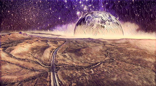 Alien Planet Stiger Över Öken Motorväg Landskap Digitala Konstverk Delar — Stockfoto