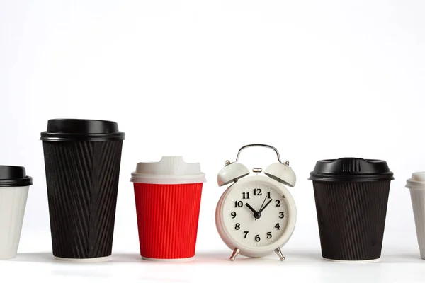 Tiempo Para Concepto Café Con Reloj Despertador Retro Tazas Café —  Fotos de Stock