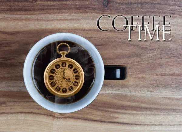 Coffee Time Concept Vintage Horloge Koffiemok Met Oclock Houten Tafel — Stockfoto