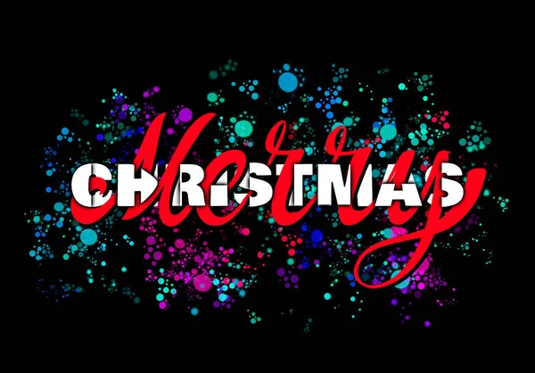 Ünnepi Kézírás Boldog Karácsonyt Színes Tinta Foltok Fekete Háttér — Stock Fotó