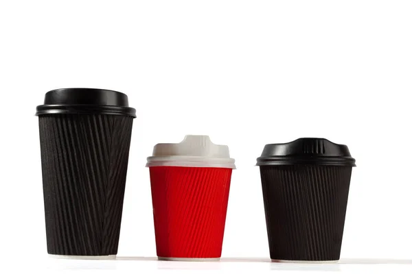 Trois Tasses Café Plastique Sur Fond Blanc Avec Espace Copie — Photo