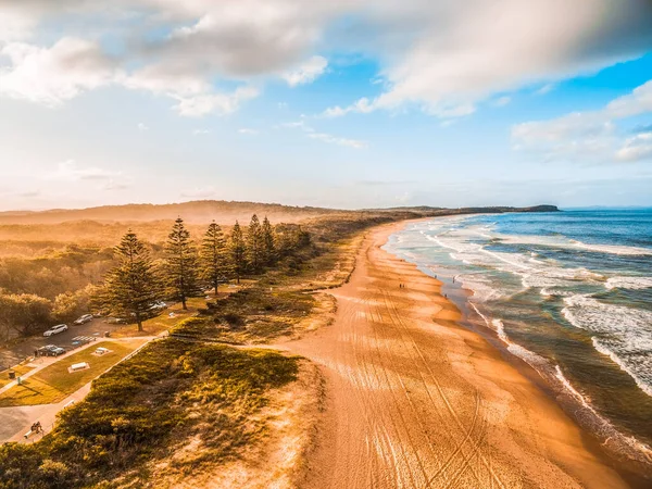 Bela Costa Oceânica Praia Areia Árvores Lançando Longas Sombras Pôr — Fotografia de Stock