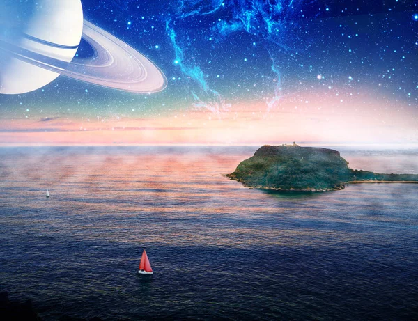 Utomjordiskt Landskap Båt Med Rött Segel Som Seglar Nära Liten — Stockfoto