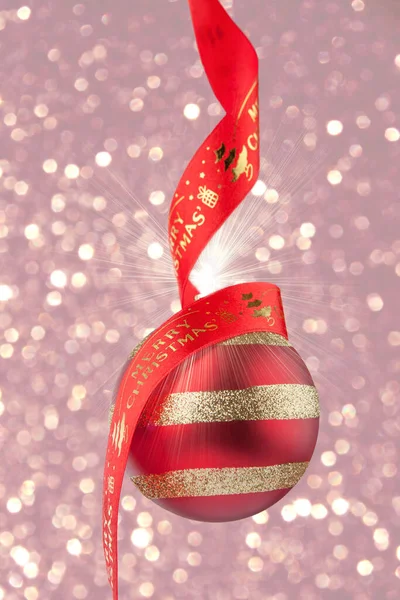 Christmas Bauble Red Ribbon Confetti Background — Stock Photo, Image