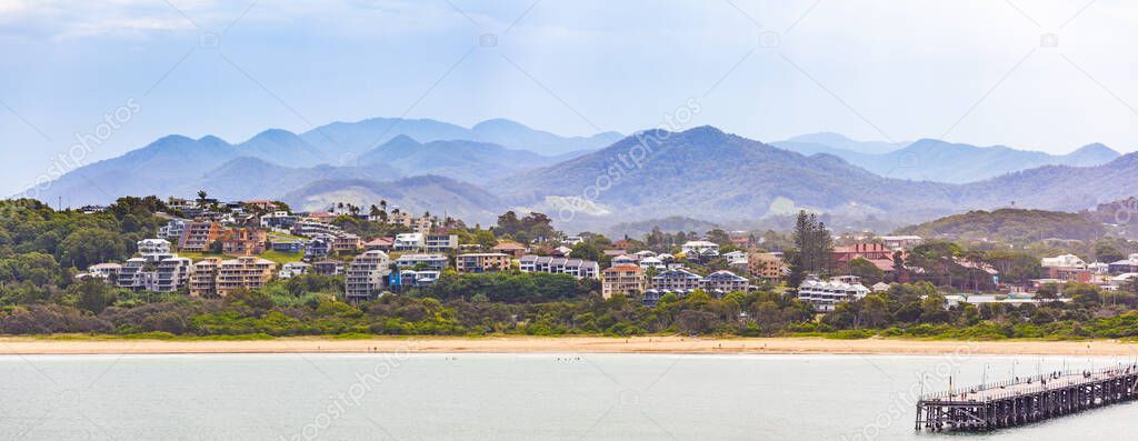 Panorama of luxury houses and mountains at Coffs Harbour, New South Wales, Australia
