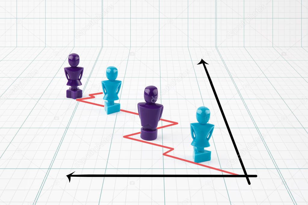 Faceless male and female figurines situated on line graph representing corporate workforce