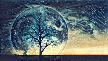 Fantasy landscape Illustration artwork - Lonely bare tree silhouette with huge planet rising behind it and galaxy in the sky. clipart