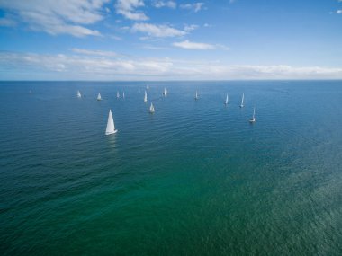 Güneşli bir günde Mornington Yarımadası 'nın sularında yelken açan yelkenliler.