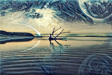 Fantasy landscape Illustration artwork -  Lake and and Hills with driftwood reflecting in the water, huge planet in the sky, galaxy and comet clipart
