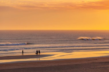 İnsanlar gün batımında sahilde siluetler ve okyanus dalgaları kırarlar.