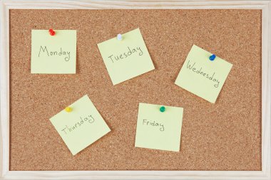 Mantar panoya hafta içi yapıştırılmış post-it notları.