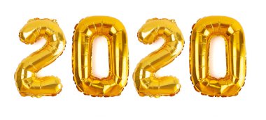 2020 numaralı altın folyo balonları, yeni yıl için beyaz arka planda izole edilmiştir.