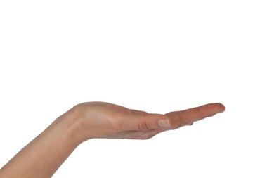 Gösteride zarif bir kadın eli ya da taklit alanı olan beyaz üzerine izole edilmiş bir jest.