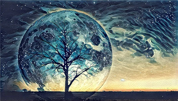 幻想的な風景イラストアートワーク その後ろに巨大な惑星と空の銀河と孤独な裸の木のシルエット — ストック写真
